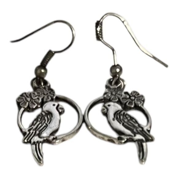 Parrot Earrings Pierced Silver Dangle Bird Tropical Floral Bohemian 1 1/2” Drop - Picture 2 of 9